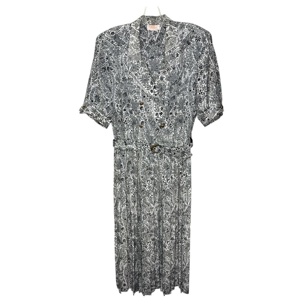 Vintage Lady Carol Dress Size 14 Pleated Skirt Midi Secretary Paisley White